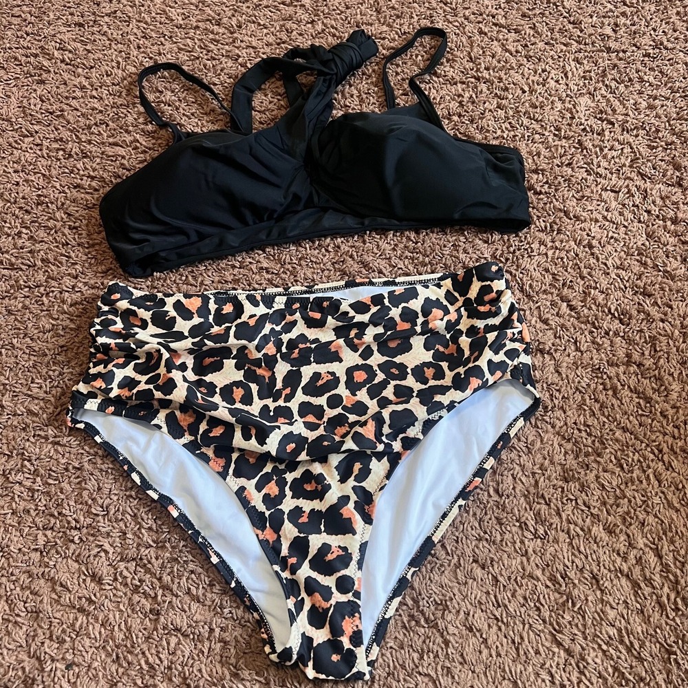 Unbranded Leopard Print‎ High Waisted Bikini Set Black Knot Front Top Size XXL